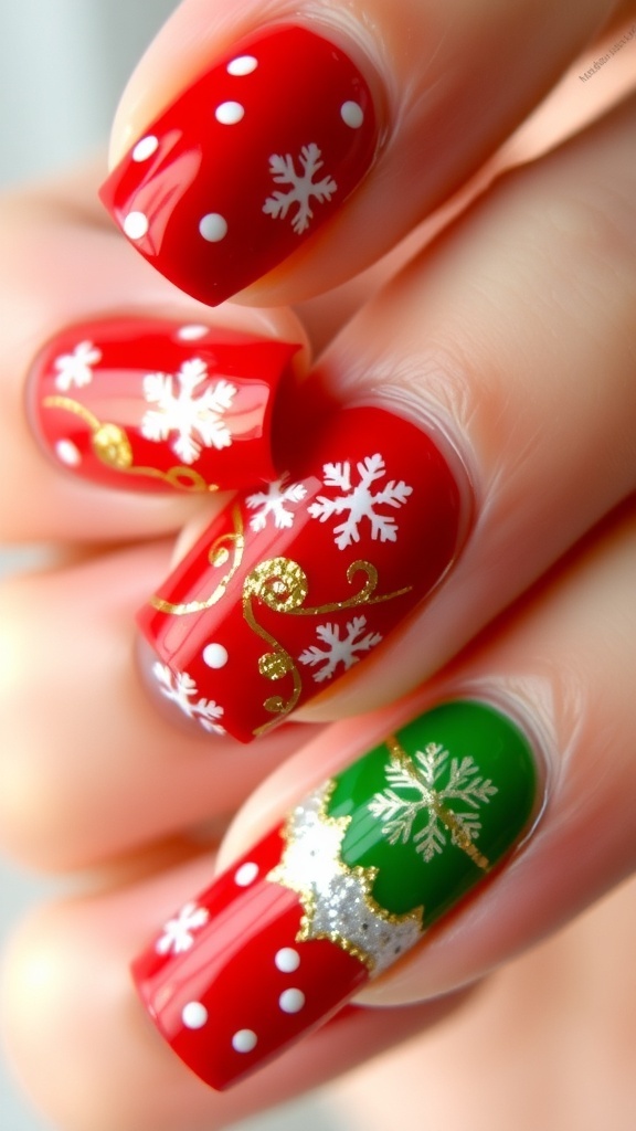 Close-up of short Christmas nails with red, green, and white designs, featuring snowflakes and glitter.